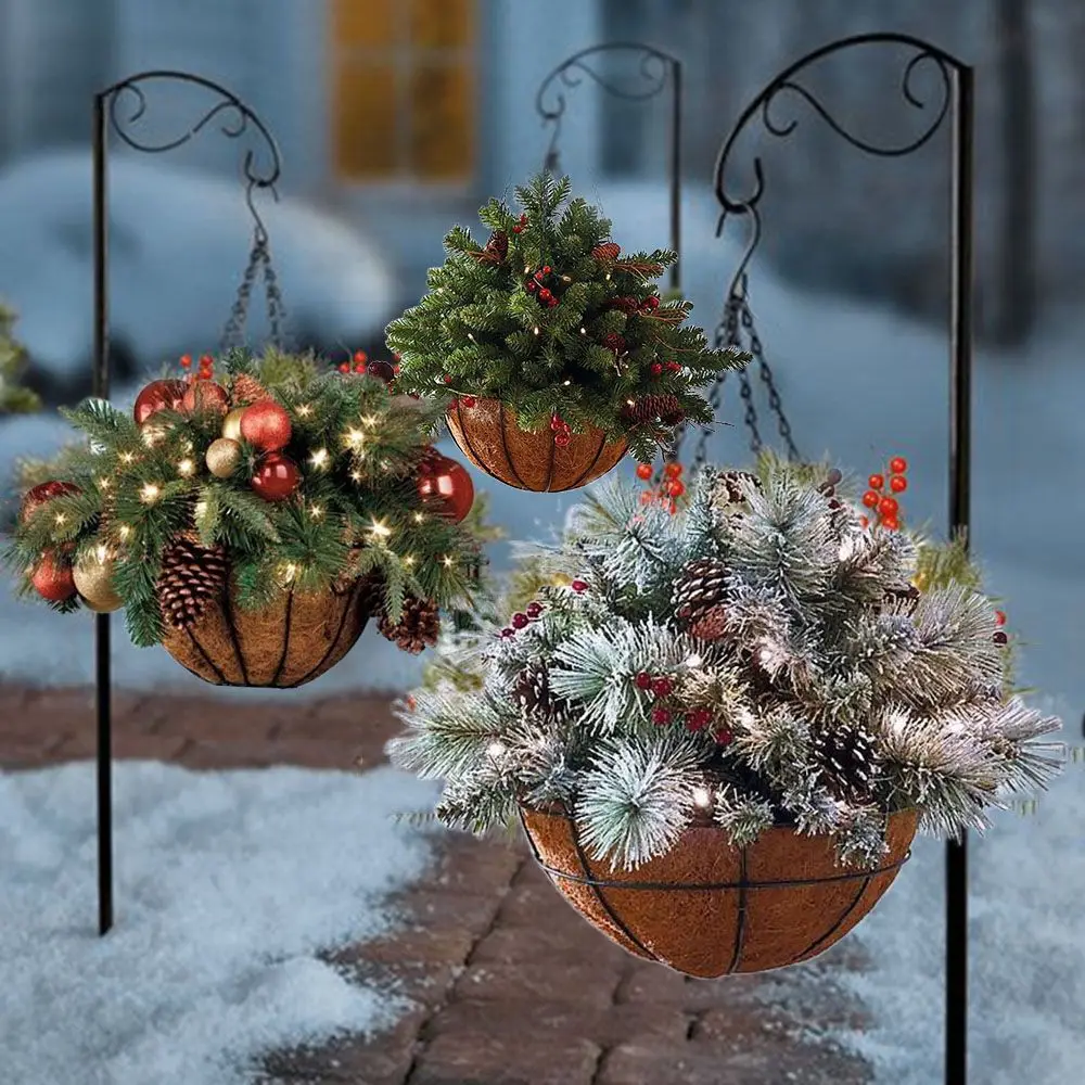 

Pre-Lit Artificial Christmas Hanging Basket Decorated LED Lights With Frosted Pine Cones Berry Clusters Garland Collection Decor