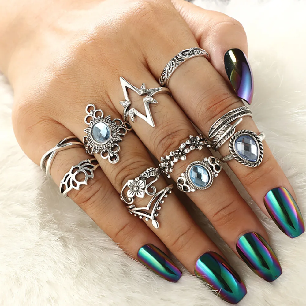 

11PC/SET Explosive Retro Carving Craft Starry Sky Rhinestone Leaf Butterfly Set Ring Fashion Classic Ring Set
