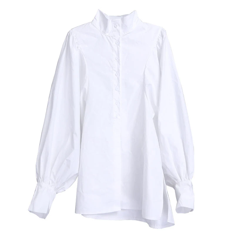 

CHICEVER Solid Casual Shirt For Women Lapel Collar Lantern Long Sleeve Elegant Loose Shirts Female Spring 2021 Clothing Fashion