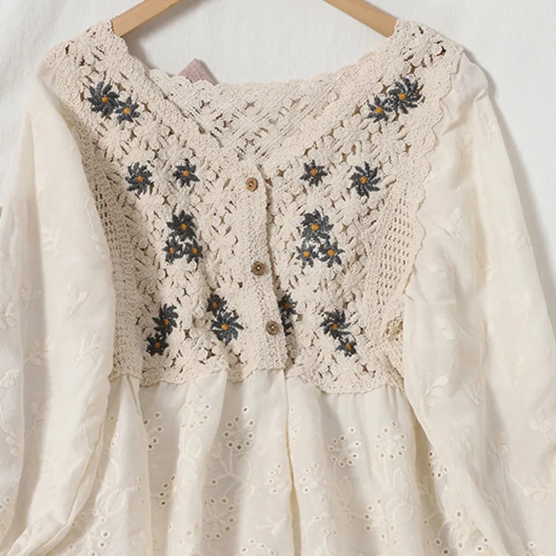 

TVOVVIN Blusas Mujer Ffloral 2021 Spring Patchwork Knitted Sweet Vintage Blouses Women Tops Hollow Out Fashion Shirts P6OV