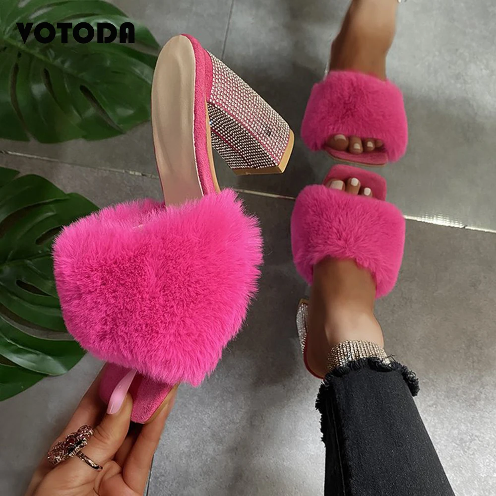 

Furry Women Pumps Bling Rhinestone Wedge Sandal Open Toe Square Head High Heel Outdoor Crystal Slide Fashion Casual Female Shoes