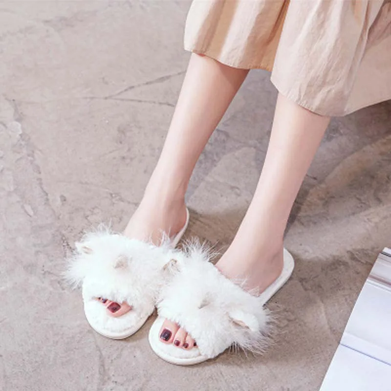 Hot selling handmade plush shoes  hot style one-word cotton slippers for home wear non-slip plush slippers women