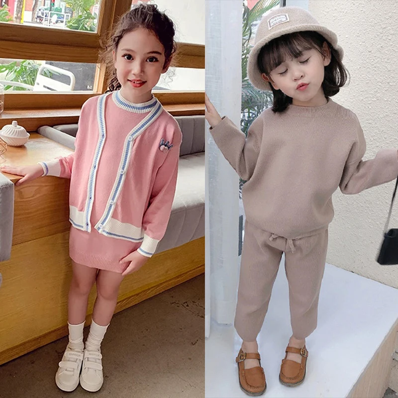 

Autumn / winter 2020 new children's casual loose sweater knitted solid color suit girls' Knitted Top + trousers two piece set