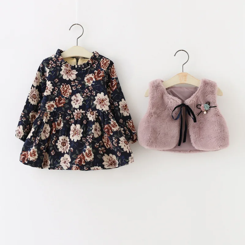 2020 Stylish Autumn Winter Princess Baby Girls Clothes Sets Floral Plaid Print Ruffles A-Line Dress+Fur Vest Coat 2pcs | Детская одежда