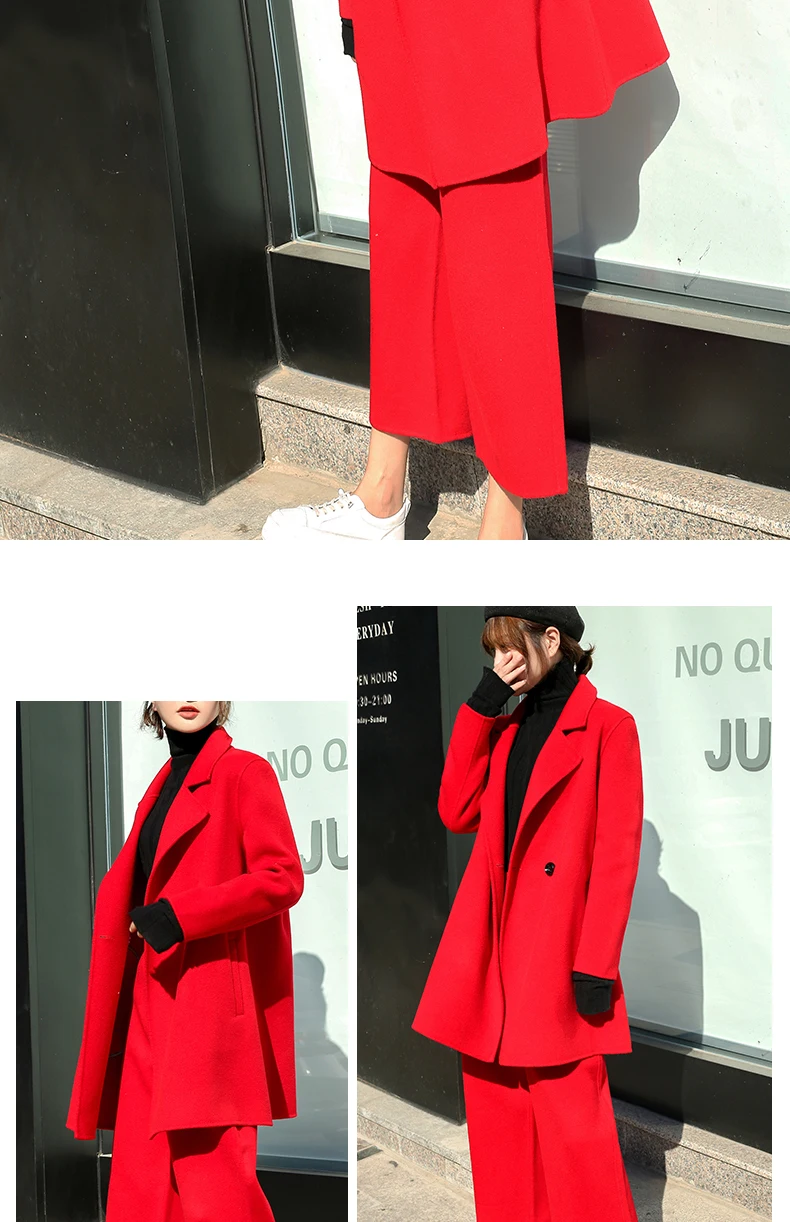 autumn and winter coat pants two sets of women cashmere short coat fashion sexy red cashmere party women's clothing