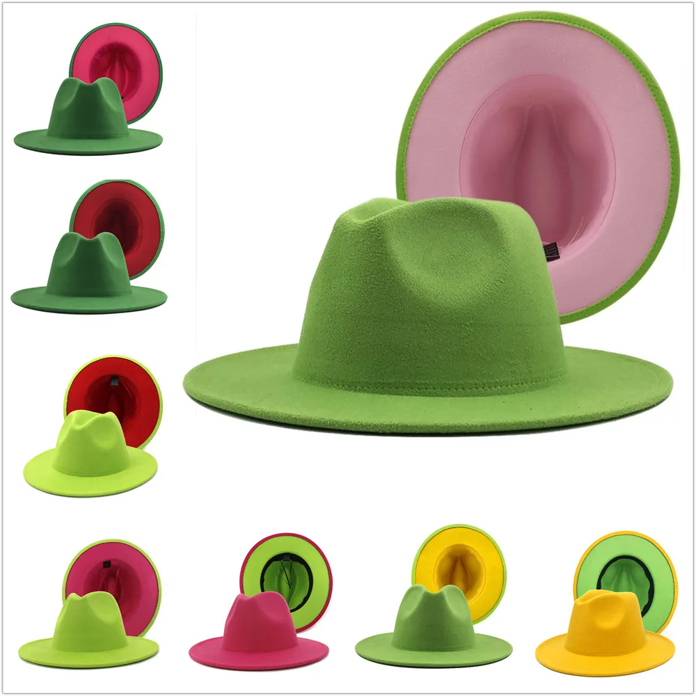 Новый внешний зеленой внутренней Розовый шерстяной фетр Джаз фетровая шляпка