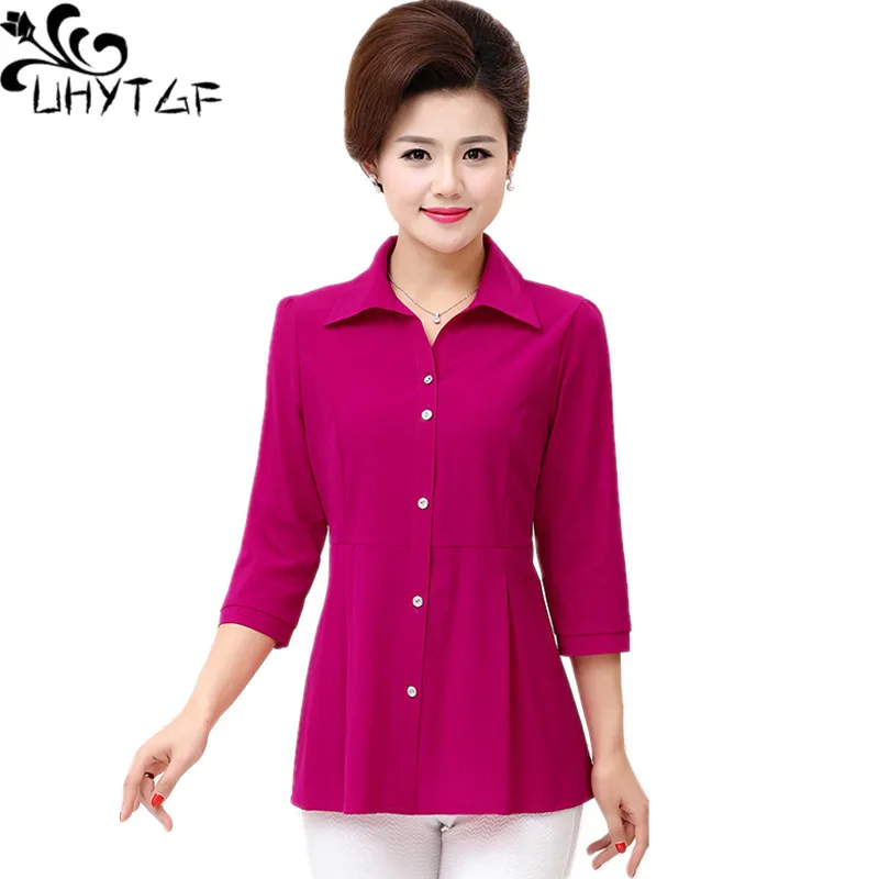

UHYTGF Fashion Women's Shirt Solid Wild Single Breasted Casual Summer Blouses Mother Loose Big Size Tops Blusas Y Camisas 2159