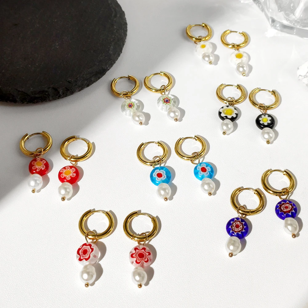 

Fashion Flower Pearl Stainless Steel Dangle Earrings For Women Irregular Pearls Charm Golden Drop Earrings Boho Trendy Jewelry