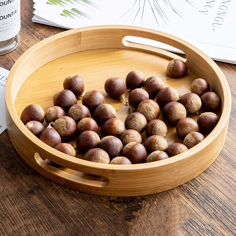 

Multifunction Wooden Round Serving Tray Wood Plate Tea Food Dishe Drink Platter Food Plate Dinner Beef Steak Fruit Snack Tray