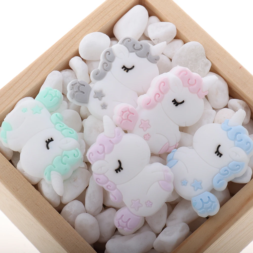 20pcs White Horn Unicorn Silicone Mini Baby Teether Beads Food Grade Newborn Pacifier Chain Necklace Accessories Shower Gifts