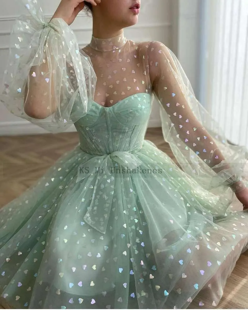 Мятно-Зеленые Короткие платья для выпускного вечера платье с длинными