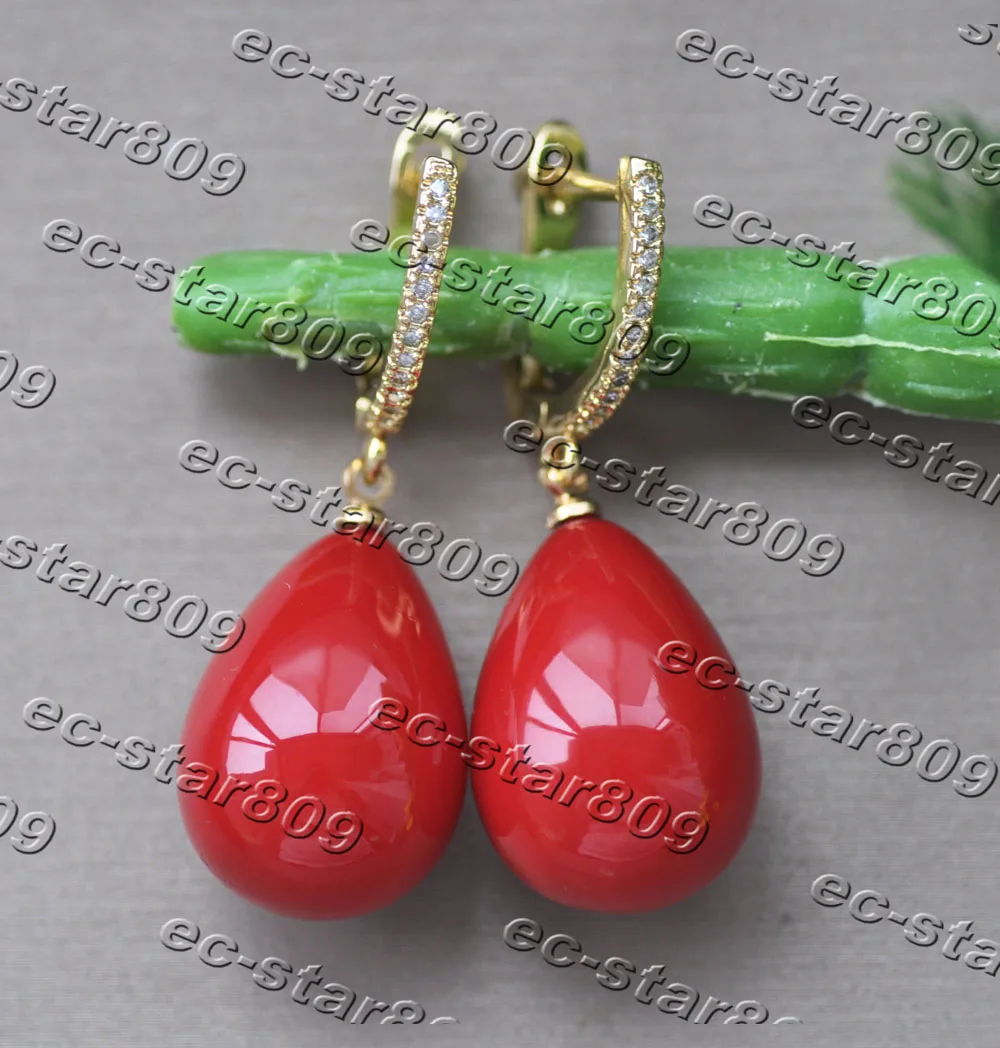 

Z11185 20mm Coral-Red Teardrop South Sea Shell Pearl Dangle Earring CZ Women Fashion Jewelry