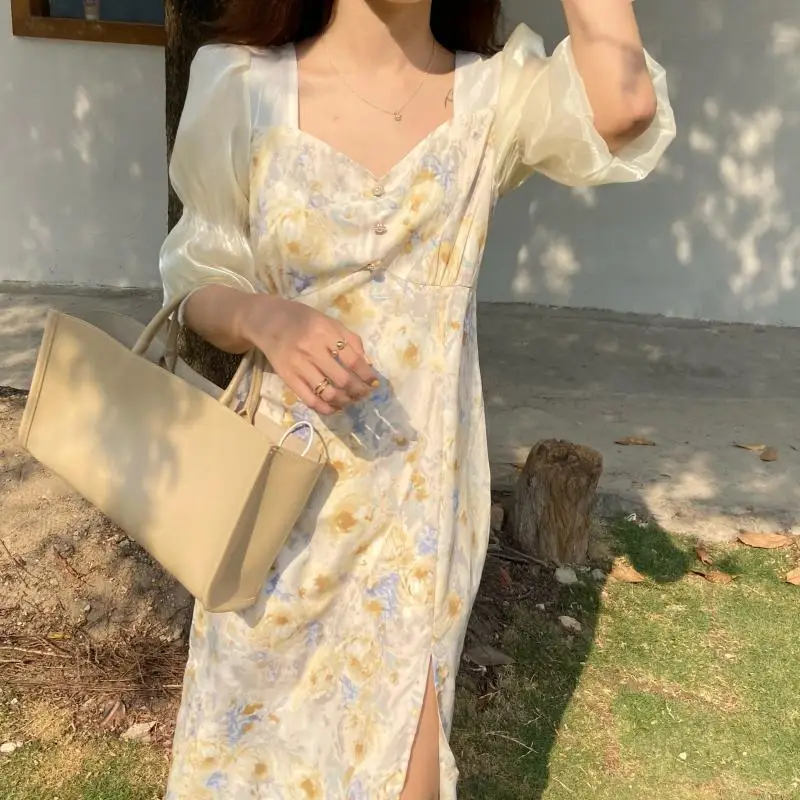 

Alien Kitty 2021 Summer Dress Fashion French Elegant Floral Printing Prom Office Lady Party Vintage High Quality Chic Long Dress