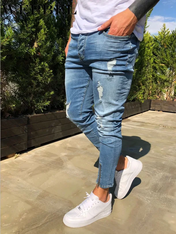 

WEPBEL Street Fashion Hip Hop Men Hole Stretch Denim Pants Ripped Beggars Punk Gothic Skinny Bottom Zipper Biker Jeans