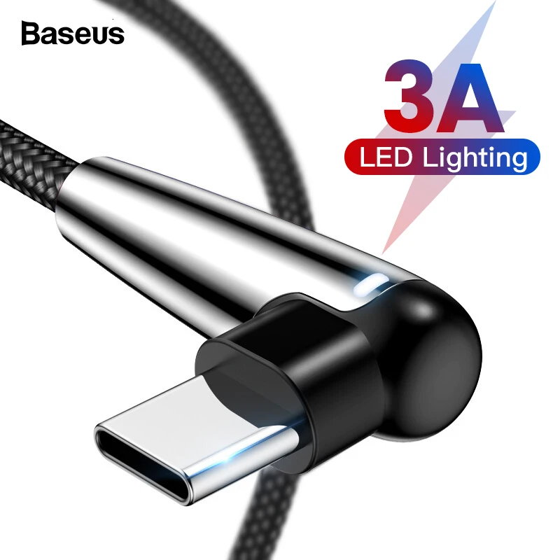 Baseus светодиодный светильник USB C кабель 90 градусов Тип C USB-C провод шнур Быстрый кабель передачи данных тип-c кабель адаптер для samsung S9 Oneplus 6 5t