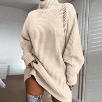 women turtleneck knitted dress oversized autumn solid long sleeve elegant mini sweater dress female plus size knitted dresses
