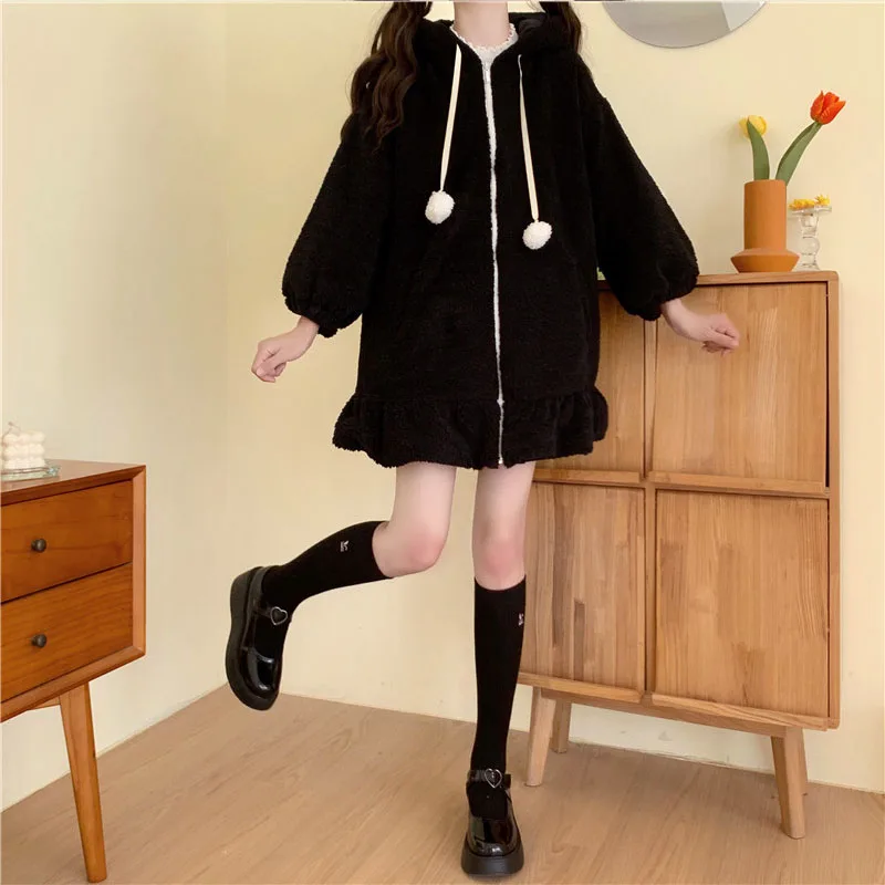 

Lolita Zip Up Jacket Jacket Women Lovely Teddy Rabbit Ears Hooded Soft Girl Coat Faux Wool Lambswool Plus Cotton Thick Outer New