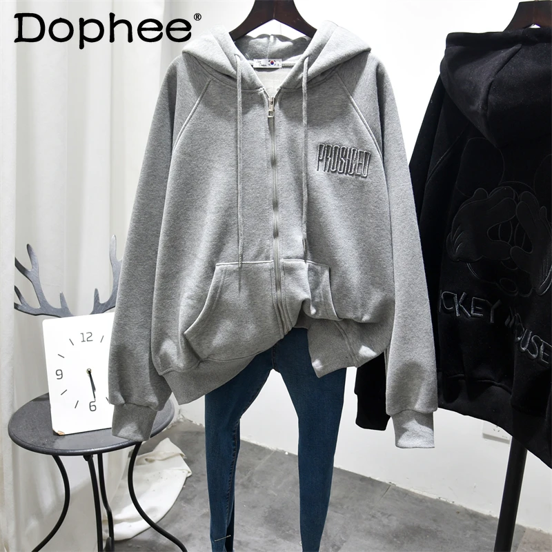 

Пальто для женщин, зима 2021, утепленный кардиган с флисовой подкладкой и машинной вышивкой на спине, модный мультяшный Кардиган большого раз...