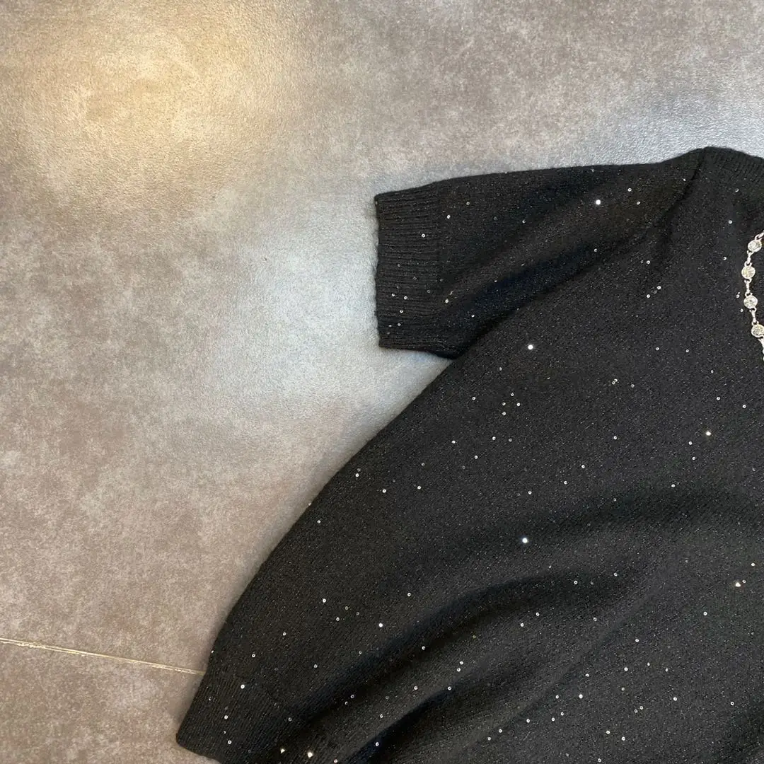 

ZCSMLL Black Women Tops Spring Round Neck Strapless Diamond Temperament Women's Short-sleeved Sweater Tide 2021 Summer