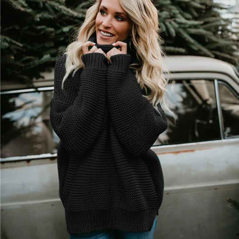 Женский вязаный свитер с длинными рукавами высоким воротником женский свободный