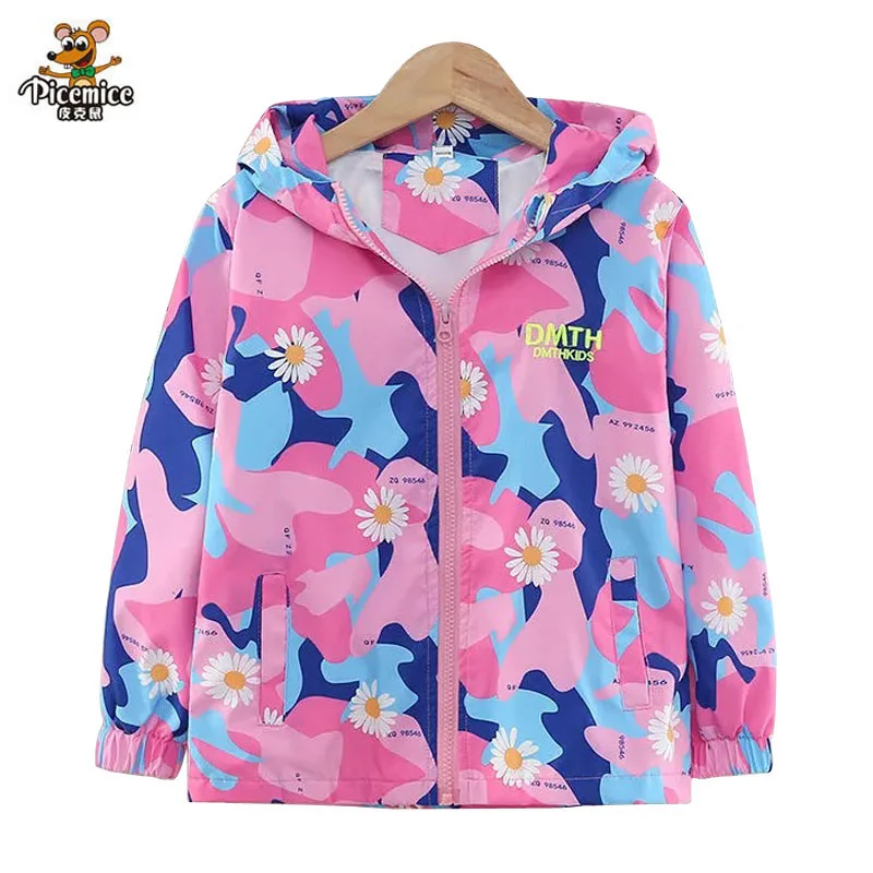 

2021 Spring Autumn Waterproof Girls Jackets Fashion Thin Kids Outerwear printing Windproof Hooded Jackets for Children's Coats