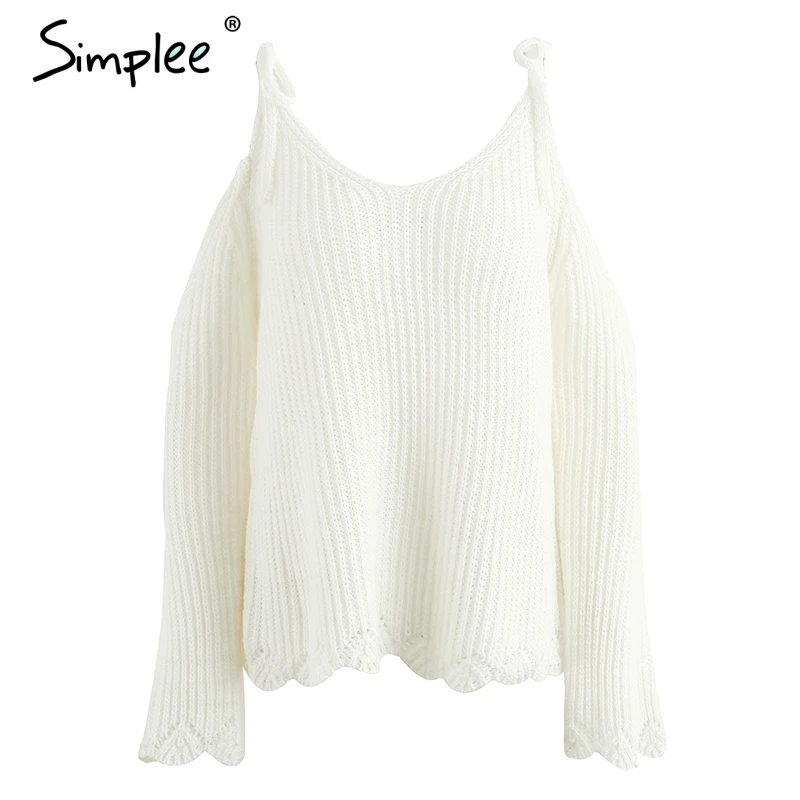 Женский белый свитер Simplee с v-образным вырезом вязаный пуловер и открытыми