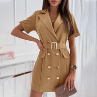 double breasted turn down collar blazer dress women short sleeve solid female dresses with belt 2021 summer office lady vestido