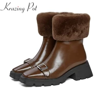 krazing pot cow leather western boots fur decoration round toe winter zip keep warm silver buckle thick high heels ankle boots