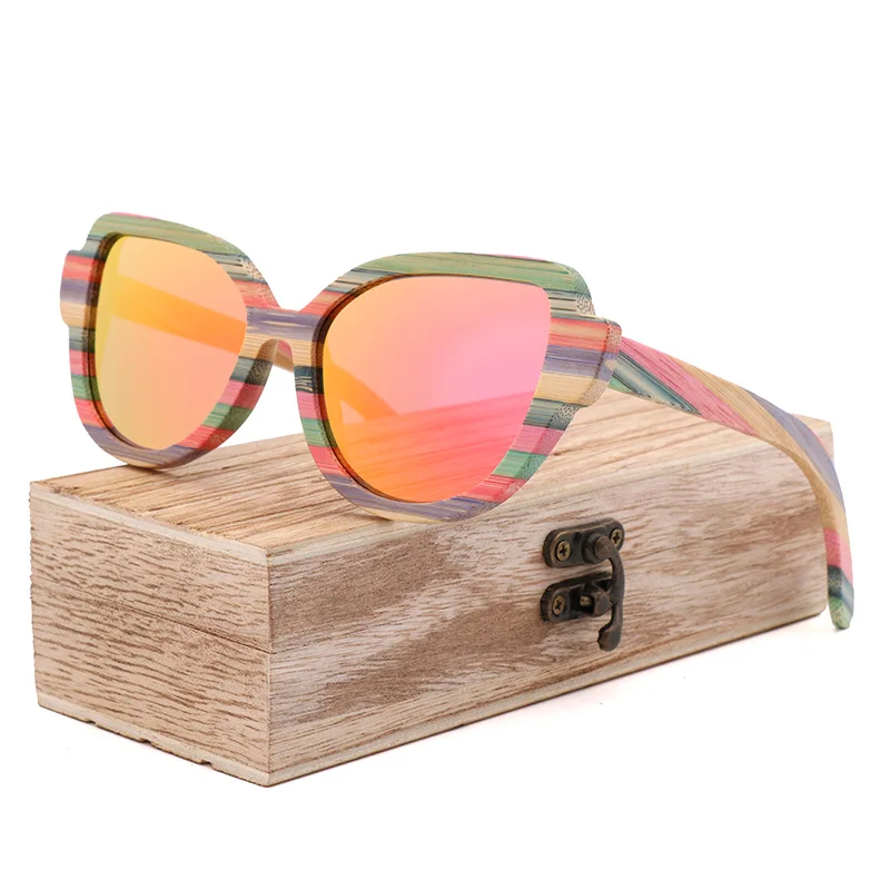 Pink - wood box Высококачественные модные женские поляризованные солнцезащитные очки с кошачьими глазами для женщин цветные деревянные солнцезащитные очки ручной работы с деревянной коробкой для очков - Цвет линз: Pink - wood box