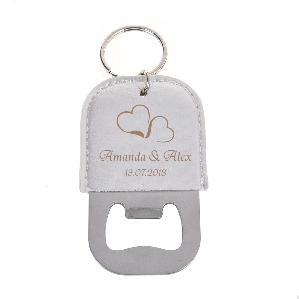 

5Pcs Personalized Engraved Silver Stainless Steel Leather Bottle Openers Keyrings Wedding Decor Business logo Gift Favor