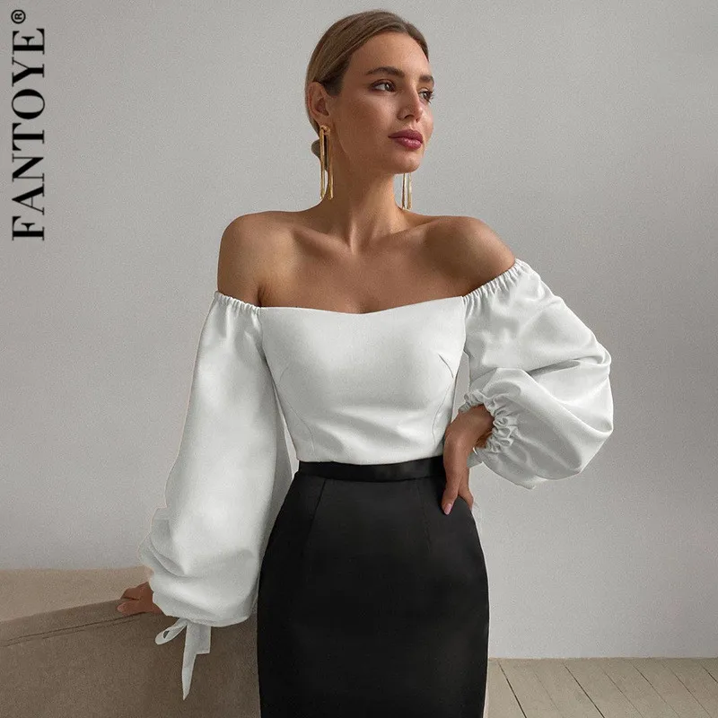 

Fantoye Sexy Backless Lantern Sleeve Women Tops White Long Sleeve Slash Neck Tops Ladies Autumn Skinny Streetwear Female Clothes