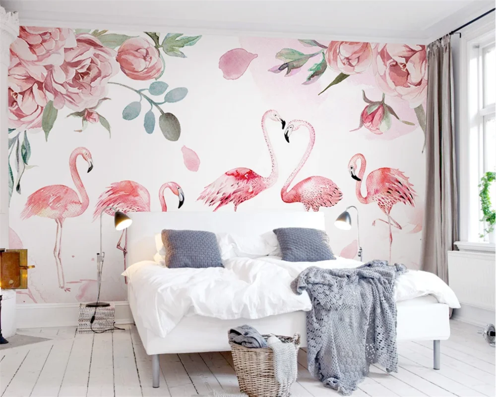 Пользовательские 3d обои роспись Розовый средневековый Фламинго акварель роза