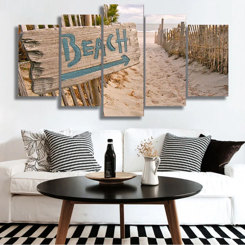 

wall art canvas painting 5 piece HD print sea ocean Beach Fence posters and prints framed modular canvas art home decor
