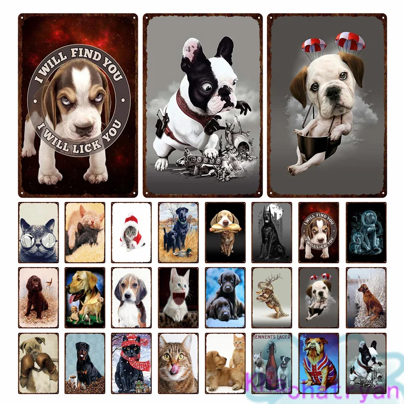

Темные фотографии лица собак и кошек металлическая пластина Ретро Живопись Железный жестяной знак Настенная картина для зоомагазина гости...