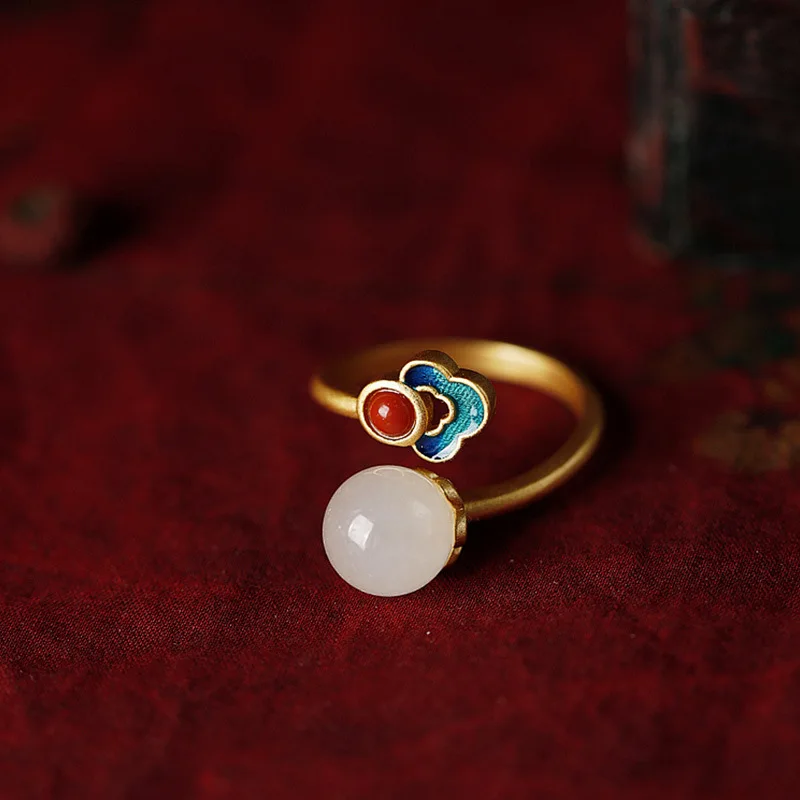 

New 925 sterling silver ancient gilt natural Hetian jade enamel female Chinese style open ring