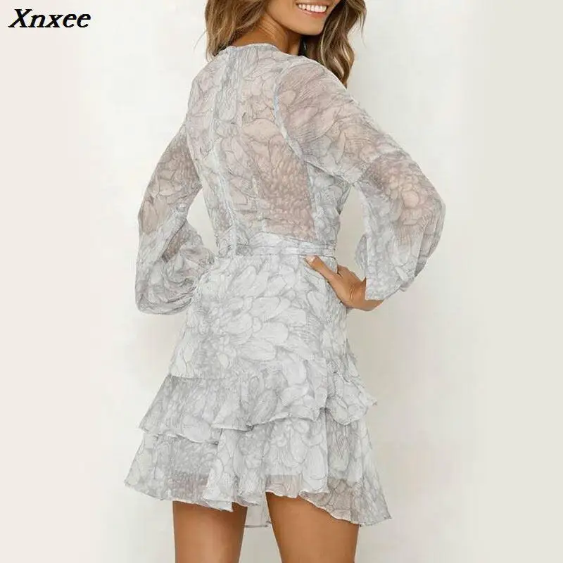 Xnxee винтажные платья с длинными рукавами и принтом Женские Элегантные короткие