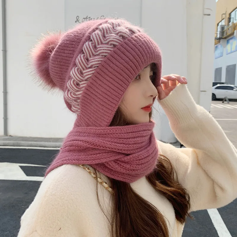 

2021 winter new knitted woolen hat scarf one plus velvet thick solid color warm ear cap women