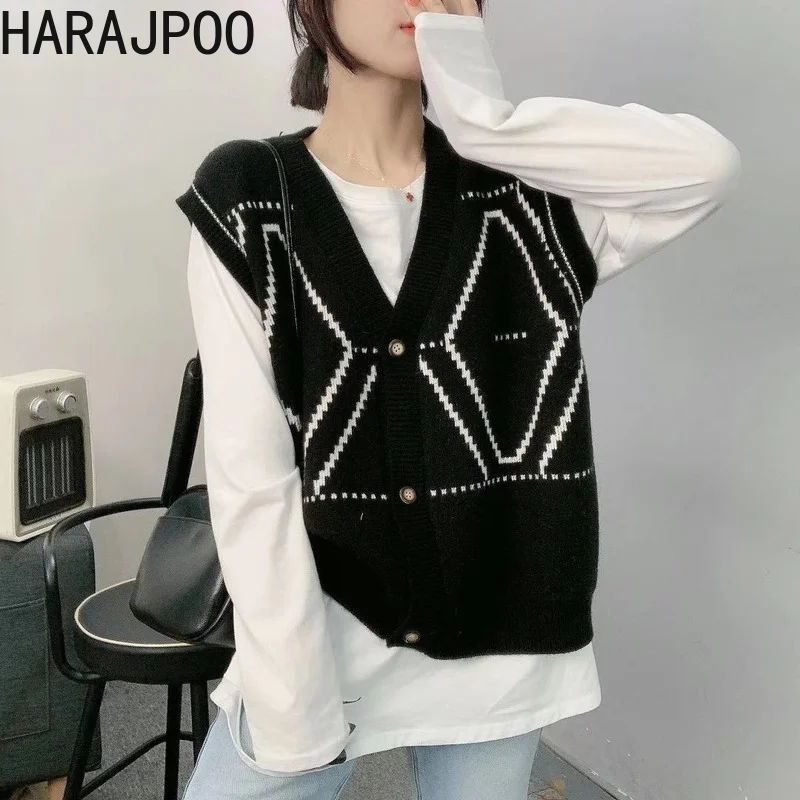 

Женский вязаный жилет Harajpoo, винтажный свитер свободного покроя с V-образным вырезом, повседневная верхняя одежда в Корейском стиле, Y2k, весна...