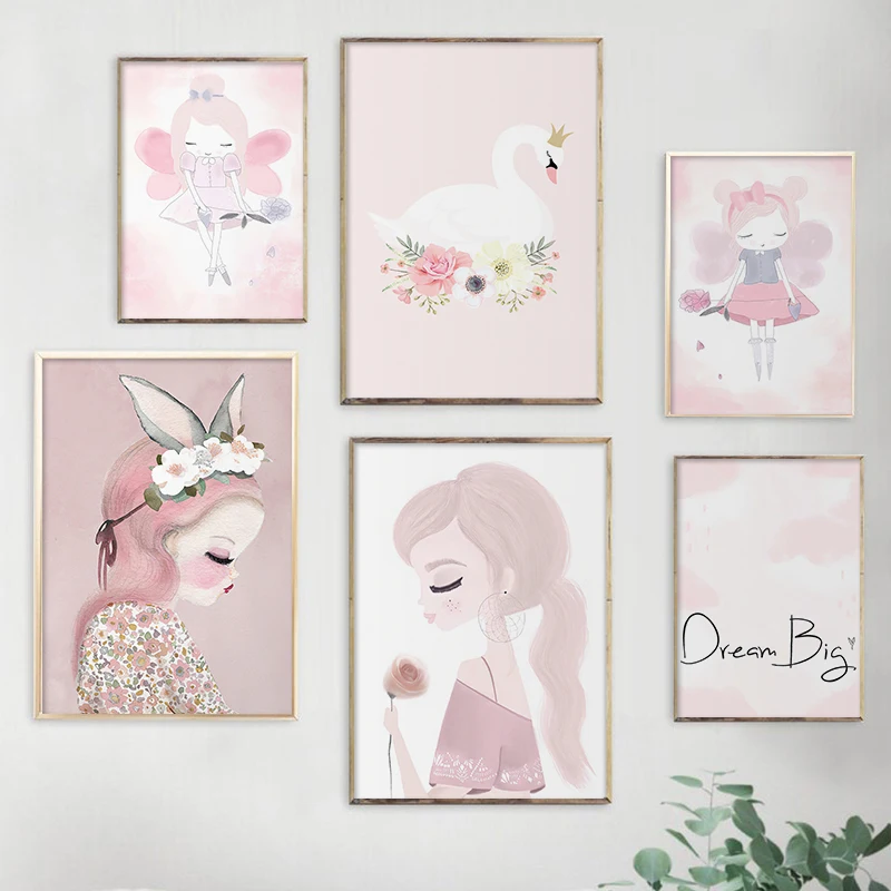 

Swan Dancing Girl Poster Cute Simple Cartoon Pink Wall Art Decoration for Nursery Baby Girl Room