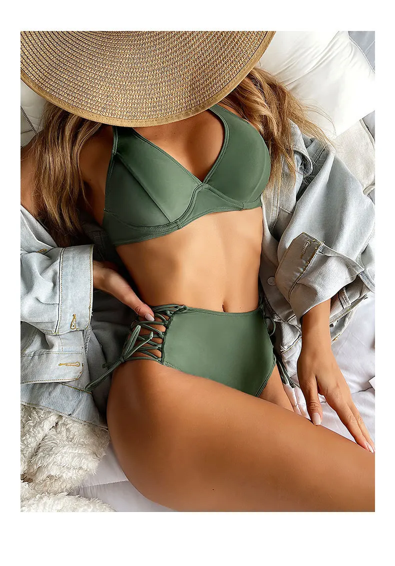 

Sexy High Waist Bikini Push Up Halter Swimwear Women Swimsuit Two-piece Bikini Set Solid Lace Up Biquini Female Beachwear