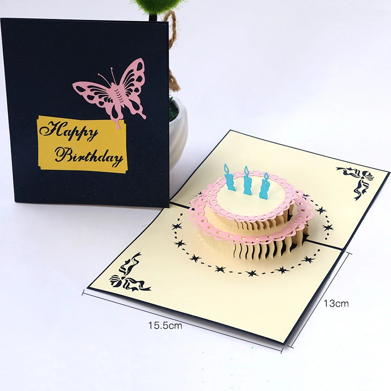 

1pc Happy Birthday Gift Cake Card Pop Up 3D Greeting Cards With Envelope Postcard Invitation Handmade Origami Anniversary Decor