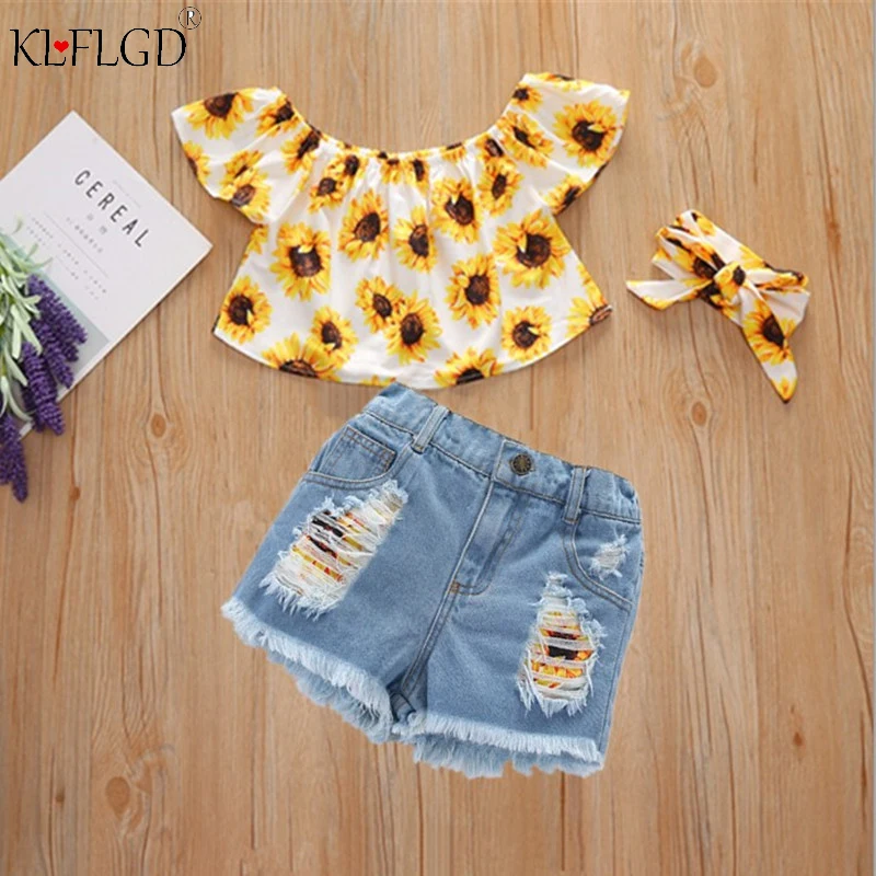 

New girls' print one word shoulder Pullover Denim Shorts Set Girls' tie dye top hole pants bow strap 0-6 years old summer