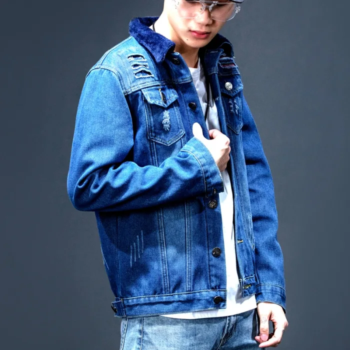 

2020 men with winter wool denim jacket youth hole patch denim jacket