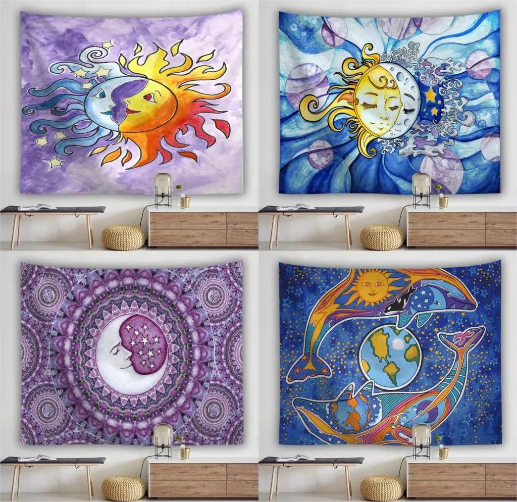 Sun Moon Tapestry Wall Hanging Hippie Bedspread Throw Cover Home Decors Tarot Magical Skeleton | Дом и сад