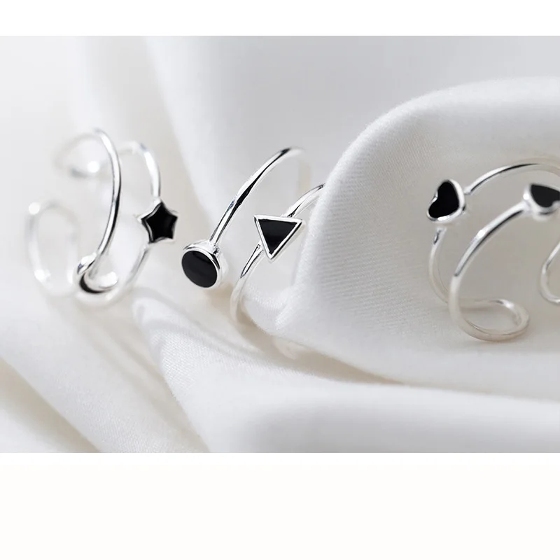 Trustdavis 100% 925 Sterling Silver double layer Black Glaze Heart Star Round Open Finger Ring For Women Jewelry DT01 | Украшения и