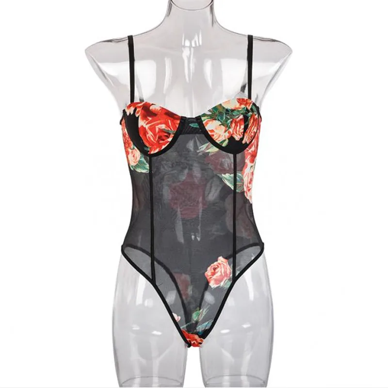 Женский комбинезон с цветочным узором без рукавов открытой спиной облегающий