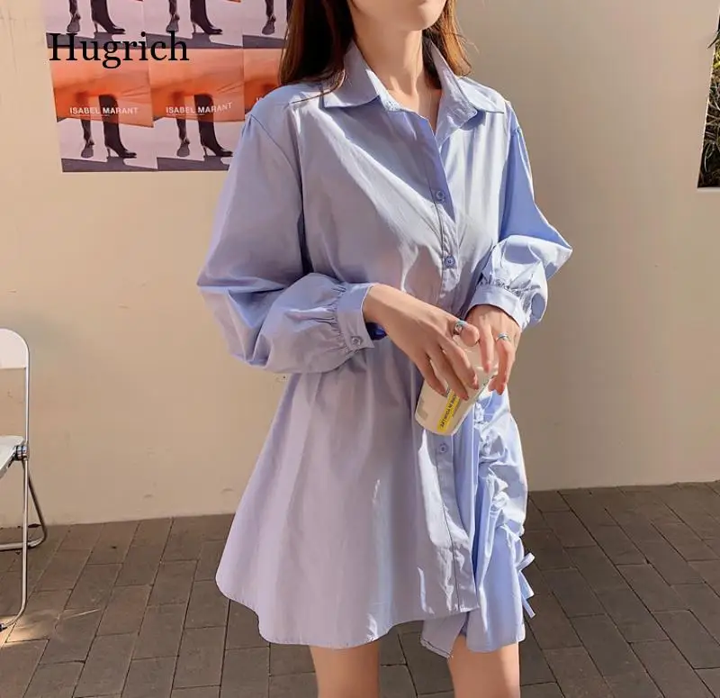 

2021 summer women's blouse shirt fashion retro solid color irregular long-sleeved blouse with drawstring plus size blouse women'