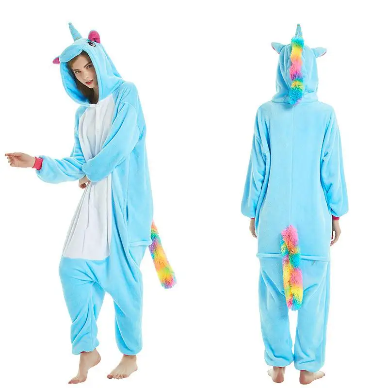 Новейшая зимняя Пижама с единорогом Kigurumi Ститч Пижама с животными ползунки «панда» для женщин и мужчин унисекс для взрослых фланелевые комплекты домашней одежды - Цвет: Blue Hair TianMa FL