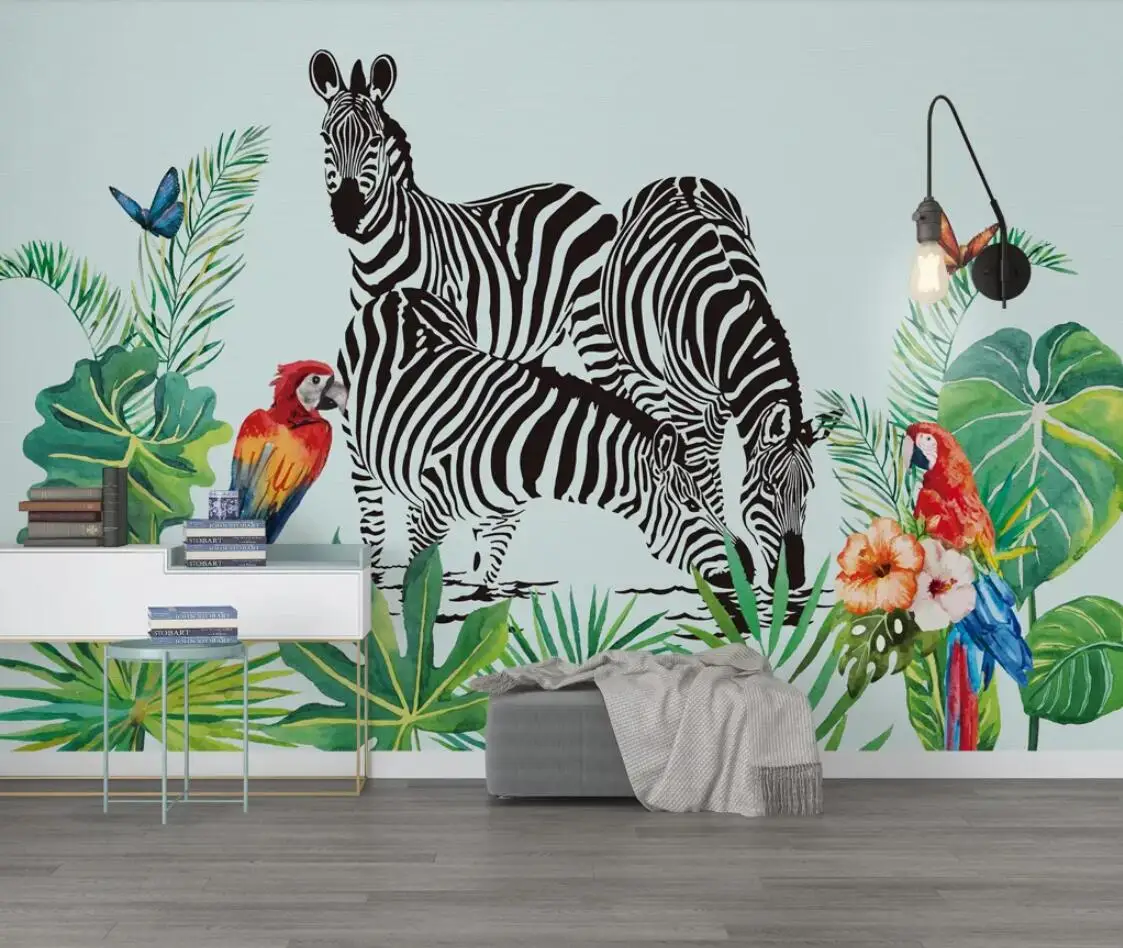 

Watercolor Tropical Wall Mural Zebra Parrot Wallpaper Nordic Rain Forest Art Wall Decor Makeup Backdrop Hand Painted Wall Papers