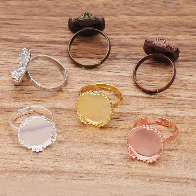 200pcs Copper Adjustable Ring Settings Base with 15mm Circle Crown Bezel Tray Glass Cabochons Base Blanks DIY Jewelry Making